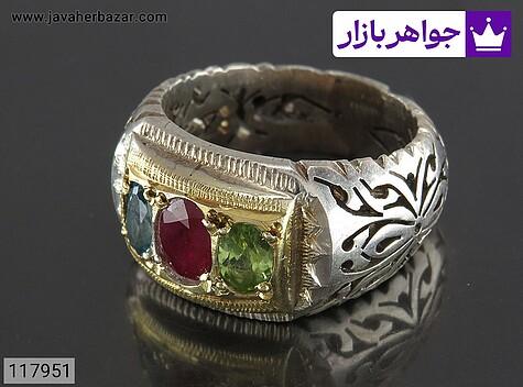 انگشتر نقره یاقوت آفریقایی و توپاز و زبرجد مردانه دست ساز - 117951