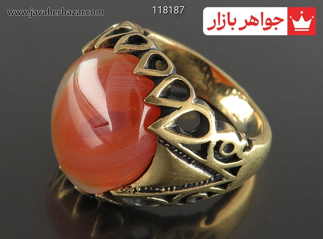 انگشتر طلاروس عقیق یمنی نارنجی ابر بادی سایز 64 مردانه