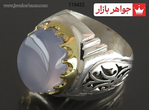 انگشتر نقره عقیق یمنی کبود درشت مردانه تاج برنجی - 119432