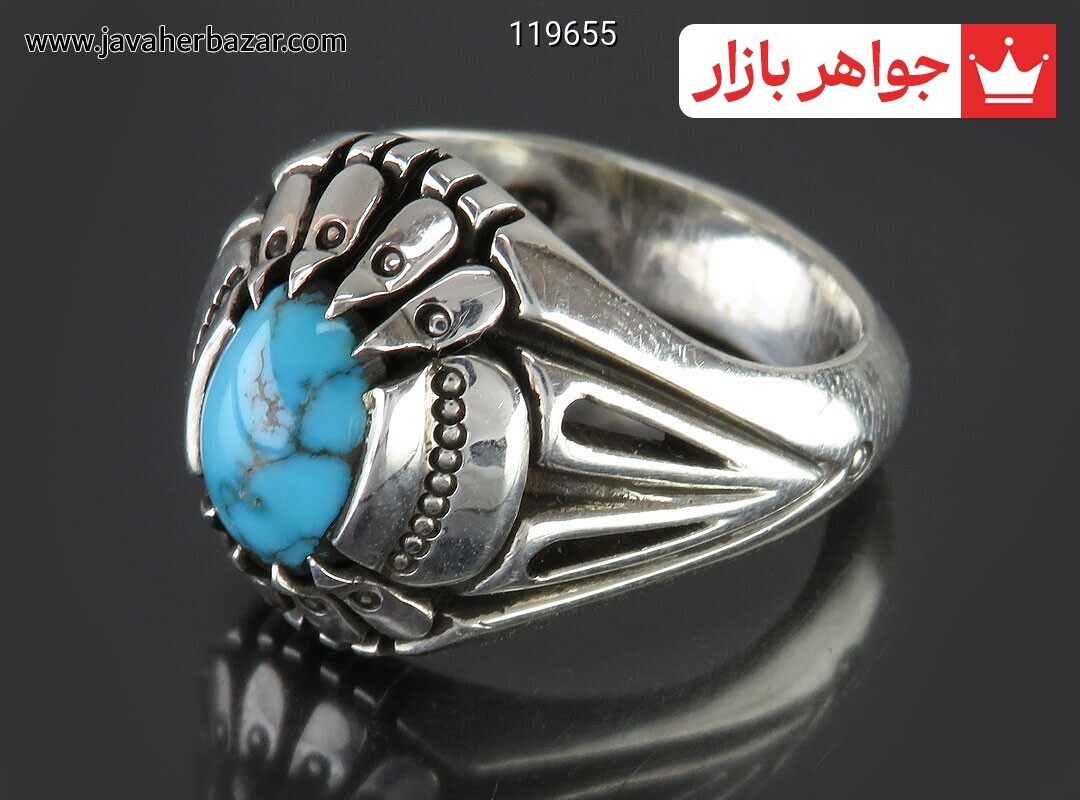 انگشتر نقره فیروزه نیشابوری رکاب چنگی اره کاری شده مردانه دست ساز