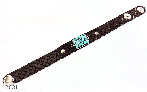 دستبند نقره چرم و فیروزه نیشابوری ترکیبی زیبا دست ساز - 12031