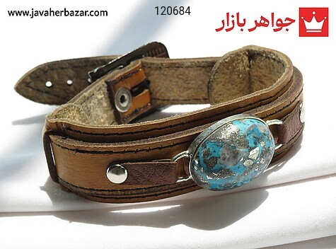 دستبند فیروزه و چرم مردانه - 120684