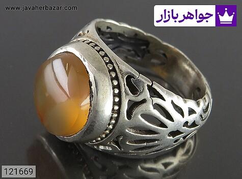 انگشتر نقره عقیق یمنی نارنجی رکاب طرح شبکه ای مردانه - 121669