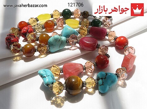 سینه ریز چشم ببر و کریستال و مرجان و جید تراش دار فیروزه سنتاتیک درشت - 121706