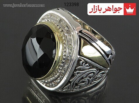 انگشتر نقره عقیق یمنی سیاه جزع فاخر درشت مردانه دست ساز با برلیان اصل - 123398