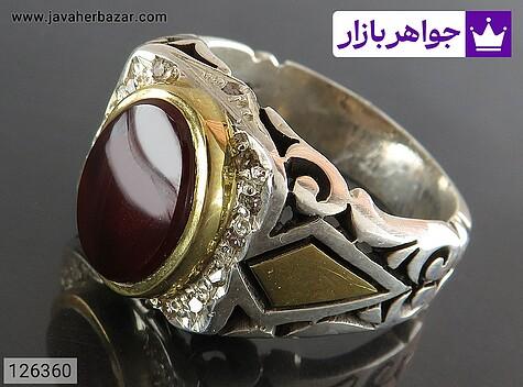 انگشتر نقره عقیق یمنی فاخر مردانه دست ساز تاج برنجی با برلیان اصل - 126360