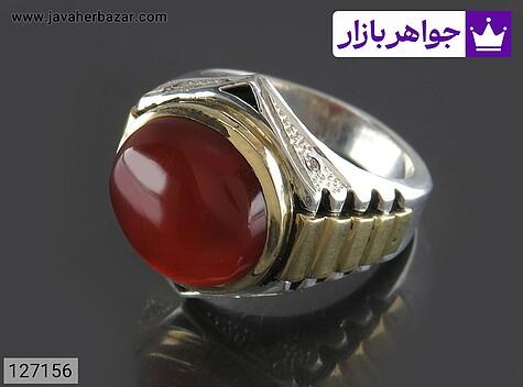 انگشتر نقره عقیق یمنی قرمز رکاب رولکسی مردانه تاج برنجی - 127156