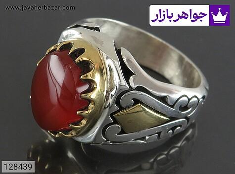 انگشتر نقره عقیق یمنی قرمز لوکس مردانه دست ساز تاج برنجی - 128439
