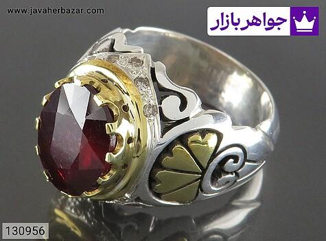 انگشتر یاقوت قرمز مردانه انگشتر نقره یاقوت قرمز بی نظیر مردانه دست ساز تاج برنجی با برلیان اصل - 130956