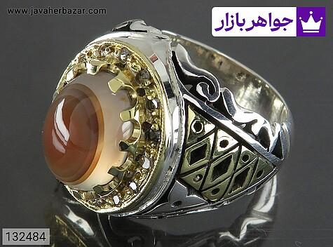 انگشتر عقیق یمنی مردانه انگشتر نقره عقیق یمنی باباقوری بی نظیر مردانه دست ساز تاج برنجی با برلیان اصل - 132484