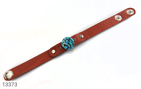 دستبند نقره چرم و فیروزه نیشابوری ترکیبی خوش رنگ دست ساز - 13373