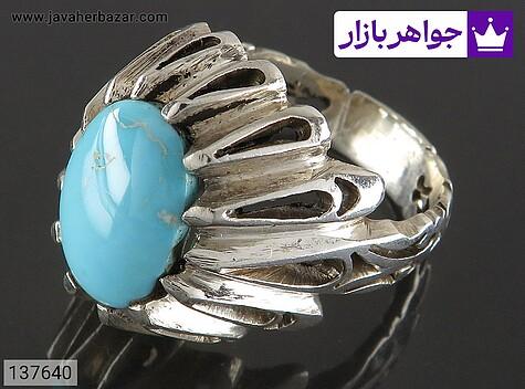 انگشتر نقره فیروزه نیشابوری چنگی اره کاری شده زیبا مردانه دست ساز - 137640