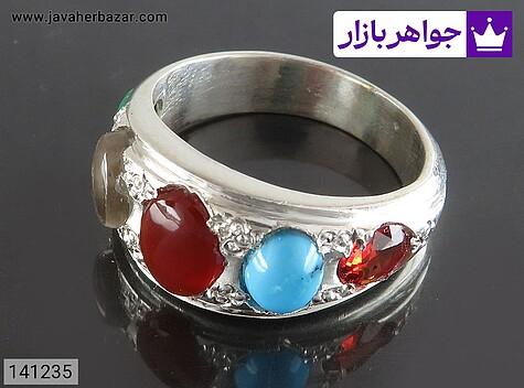 انگشتر نقره فیروزه نیشابوری و عقیق و زمرد و در نجف 5 جواهری زیبا مردانه - 141235
