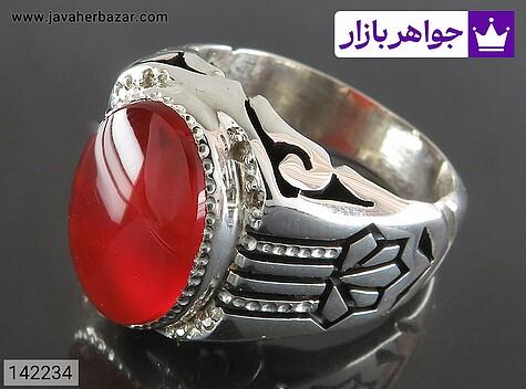 انگشتر نقره عقیق یمنی قرمز فاخر مردانه دست ساز با برلیان اصل - 142234