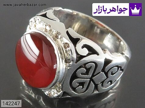 انگشتر نقره عقیق یمنی قرمز فاخر مردانه دست ساز با برلیان اصل - 142247