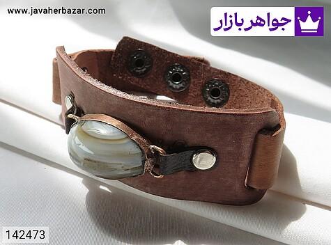 دستبند مس عقیق و چرم مردانه دستبند چرم با نگین عقیق سلیمانی زیبا وقابل مسی - 142473