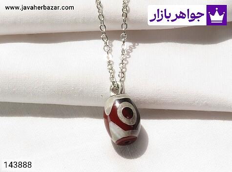 زنجیر سفید مدال سنگ عقیق تبتی چشم نظر با آویز نقره و زنجیر استیل - 143888