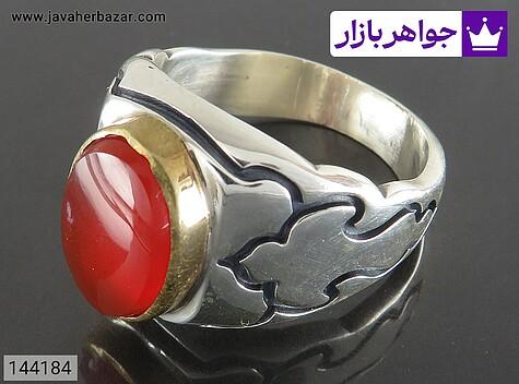 انگشتر نقره عقیق یمنی قرمز لوکس مردانه دست ساز تاج برنجی - 144184