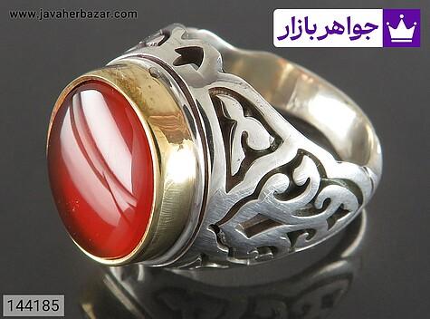 انگشتر نقره عقیق یمنی قرمز طرح سلطان مردانه دست ساز تاج برنجی - 144185