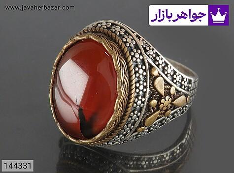 انگشتر نقره عقیق یمنی قرمز خوشرنگ مردانه تاج برنجی - 144331