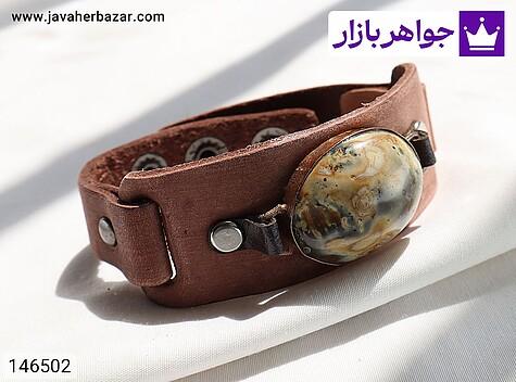 دستبند مس عقیق و چرم مردانه دستبند چرم با نگین عقیق سلیمانی زیبا و جذاب با قاب مسی - 146502