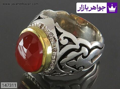 انگشتر نقره عقیق یمنی طرح سلطان مردانه دست ساز تاج برنجی با برلیان اصل - 147311