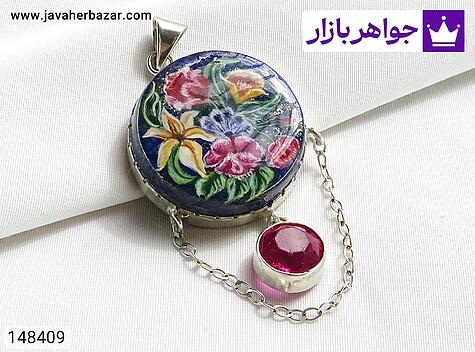 مدال لاجورد زنانه مدال نقره لاجورد نگارگری طرح طبیعت زنانه دست ساز - 148409