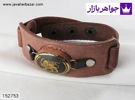 دستبند مس حدید صینی و چرم طبیعی مردانه دستبند چرم ومس همراه سنگ حدید با حکاکی لیزر شیر و خورشید - 152753