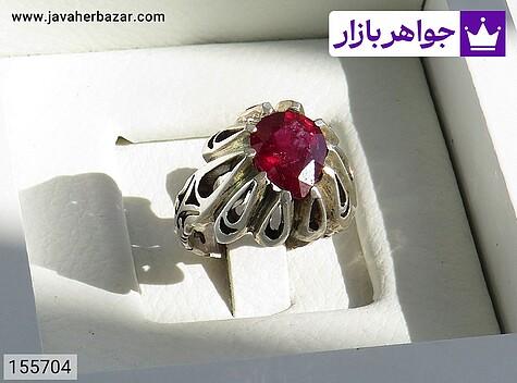 انگشتر نقره یاقوت آفریقایی قرمز چنگی اره کاری شده شبکه شیک مردانه دست ساز - 155704