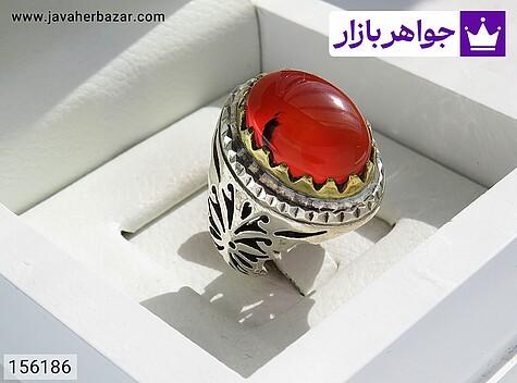 انگشتر نقره عقیق یمنی قرمز فاخر مردانه دست ساز تاج برنجی - 156186