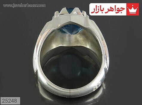 انگشتر نقره توپاز آبی درشت مردانه دست ساز - 25248