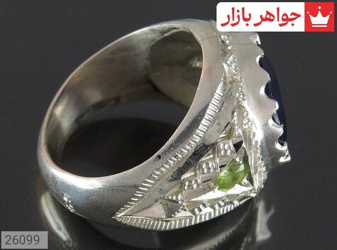 انگشتر نقره زبرجد و یاقوت کبود درشت شاهانه مردانه دست ساز - 26099
