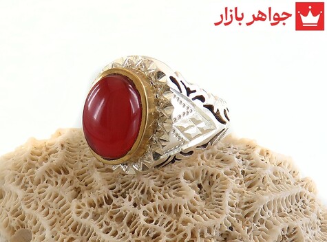 انگشتر نقره برنج عقیق یمنی قرمز مرغوب تاج برنجی مردانه دست ساز