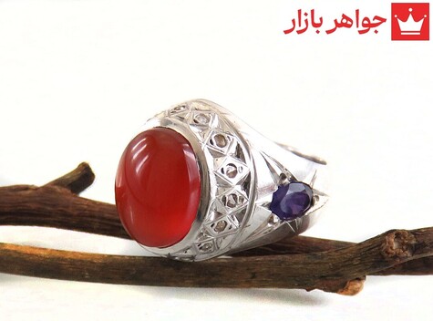 انگشتر نقره آمتیست و عقیق یمنی قرمز مرغوب دور مردانه دست ساز با برلیان اصل