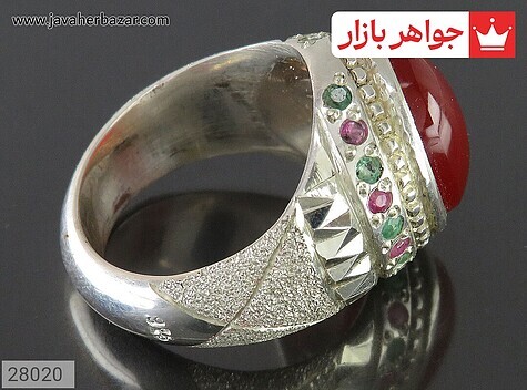 انگشتر نقره عقیق یمنی و یاقوت و زمرد خوش رنگ مرغوب مردانه دست ساز - 28020