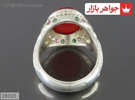 انگشتر نقره یاقوت و زمرد و عقیق یمنی خوش رنگ مرغوب مردانه دست ساز - 28020