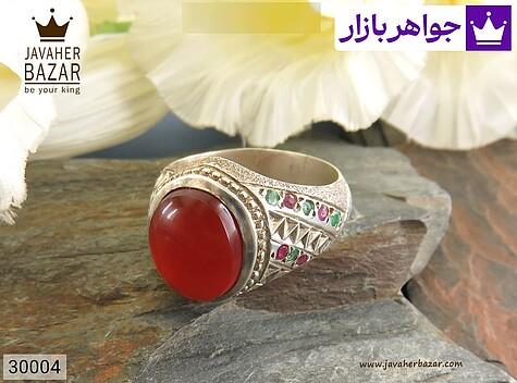 انگشتر نقره عقیق یمنی و یاقوت و زمرد شاهانه مردانه دست ساز - 30004