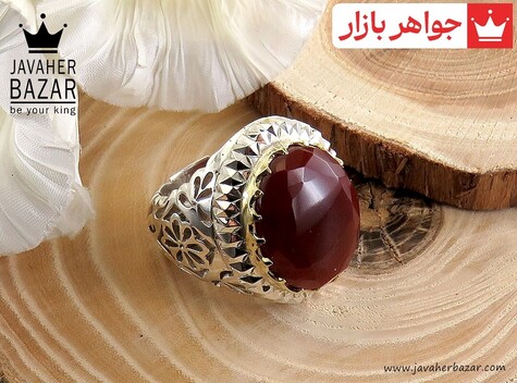 انگشتر نقره برنج عقیق یمنی قرمز الماس تراش طرح سلطنتی مردانه دست ساز