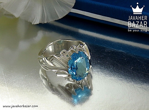 انگشتر نقره توپاز سوئیس آبی خوش رنگ مردانه دست ساز - 30445