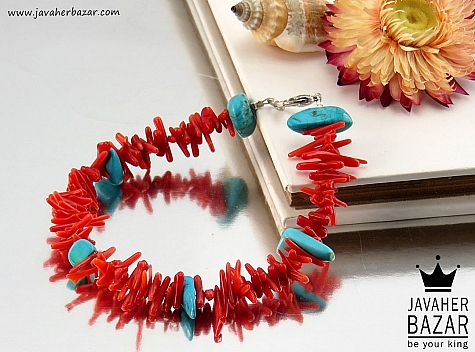 دستبند مرجان فیروزه تبتی خوش رنگ زنانه - 31099