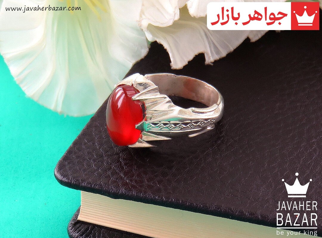 انگشتر نقره عقیق یمنی قرمز آینه کاری طرح سلطنتی مردانه دست ساز
