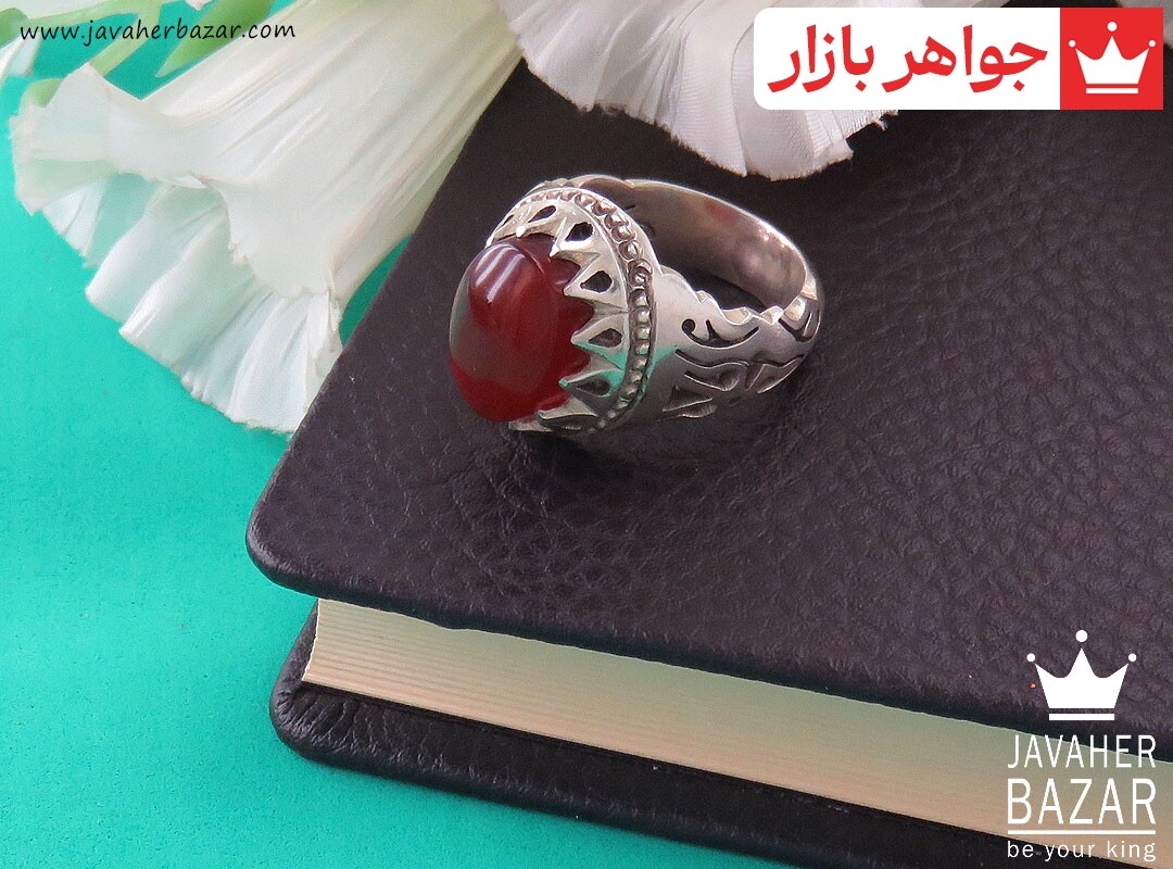 انگشتر نقره عقیق یمنی قرمز سلطنتی خوش نقش مردانه دست ساز