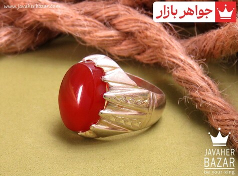 انگشتر نقره عقیق یمنی قرمز آینه کاری طرح اشرافی مردانه دست ساز - 31287