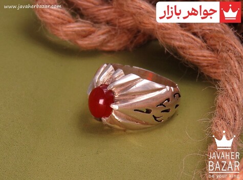 انگشتر نقره عقیق یمنی قرمز دور چنگ مردانه دست ساز - 31290