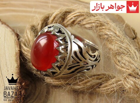 انگشتر نقره عقیق یمنی قرمز خوش نقش شاهانه مردانه دست ساز - 31301