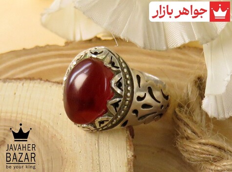 انگشتر نقره عقیق یمنی قرمز درشت سلطنتی مردانه دست ساز - 31302