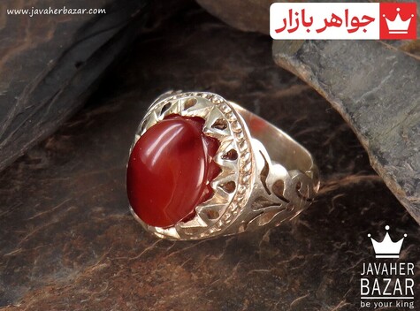 انگشتر نقره عقیق یمنی قرمز طرح اشرافی مردانه دست ساز