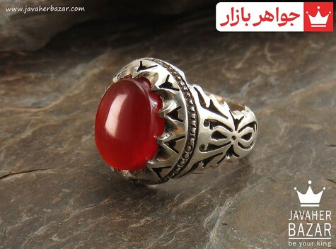 انگشتر نقره عقیق یمنی قرمز خوش نقش فاخر مردانه دست ساز