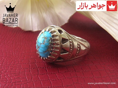 انگشتر نقره فیروزه نیشابوری شاهانه مردانه دست ساز - 32163