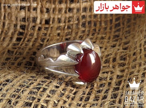 انگشتر نقره عقیق یمنی قرمز دور چنگ طرح سلطنتی مردانه دست ساز